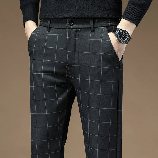 Brand Clothing 2024 Autumn Thick Style Plaid Work Stretch Pants Men Business Fashion Slim Grey Party Casual Pant Trousers Male - PratSN