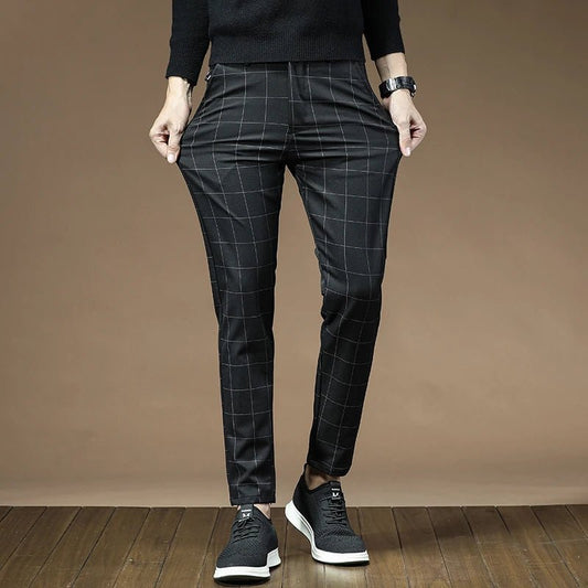 Brand Clothing 2024 Autumn Thick Style Plaid Work Stretch Pants Men Business Fashion Slim Grey Party Casual Pant Trousers Male - PratSN