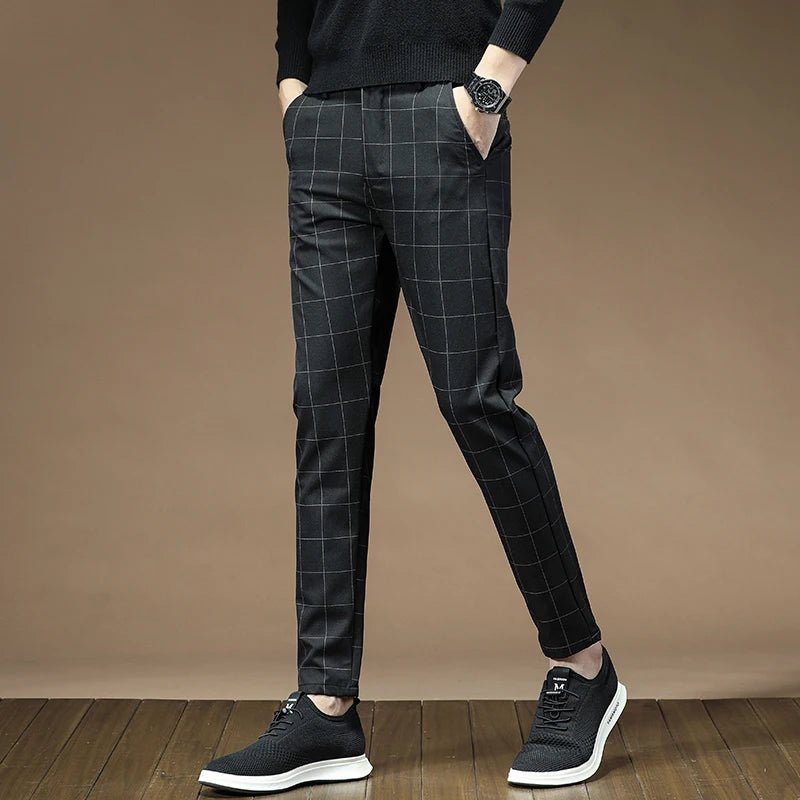 Brand Clothing 2024 Autumn Thick Style Plaid Work Stretch Pants Men Business Fashion Slim Grey Party Casual Pant Trousers Male - PratSN