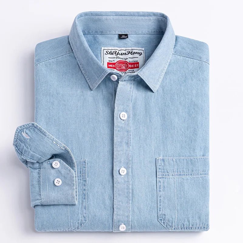 Brand Elastic Cotton Denim Shirt Men Long Sleeve Quality Cowboy Shirts for Men Casual Slim Fit Mens Designer Clothing - PratSN