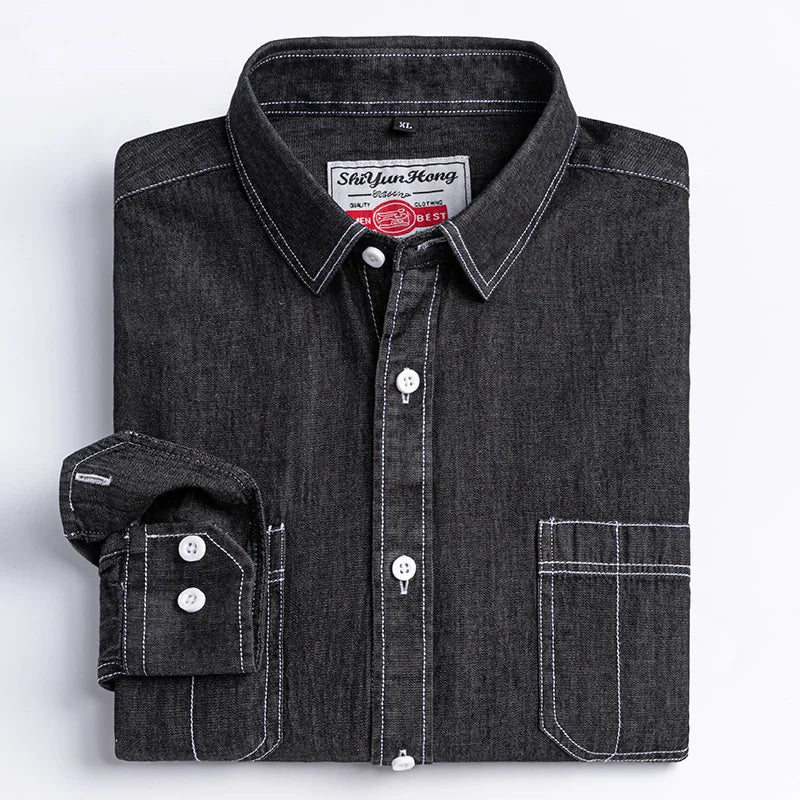 Brand Elastic Cotton Denim Shirt Men Long Sleeve Quality Cowboy Shirts for Men Casual Slim Fit Mens Designer Clothing - PratSN