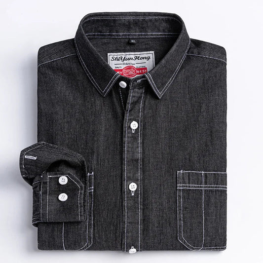 Brand Elastic Cotton Denim Shirt Men Long Sleeve Quality Cowboy Shirts for Men Casual Slim Fit Mens Designer Clothing - PratSN