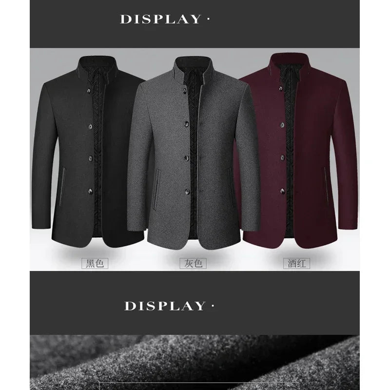 BROWON Brand Winter Coat Men Chinese Style Stand Collar Solid Coats for Men 2025 Autumn and Winter Business Casual Woolen Jacket - PratSN