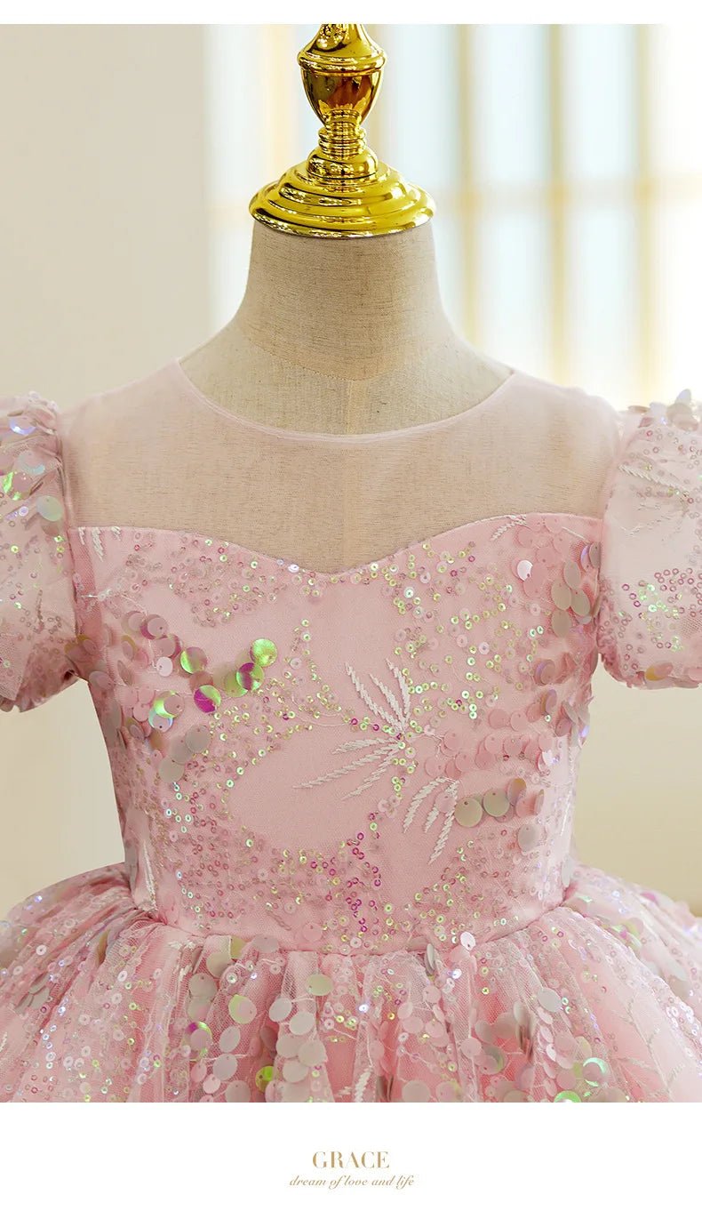 Bubble Sleeves Sequin Girls Dress Pink Sweet Clothing Elegant Evening Girl Dresses Birthday Prom Vestidos for Children Baby - PratSN