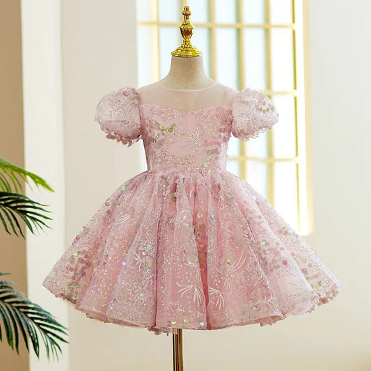 Bubble Sleeves Sequin Girls Dress Pink Sweet Clothing Elegant Evening Girl Dresses Birthday Prom Vestidos for Children Baby - PratSN