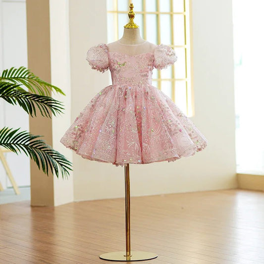 Bubble Sleeves Sequin Girls Dress Pink Sweet Clothing Elegant Evening Girl Dresses Birthday Prom Vestidos for Children Baby - PratSN