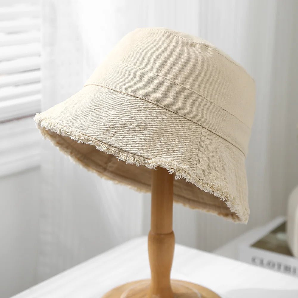 Bucket Hat Women Spring Summer Cloth Tassel Brim Flat Top Sun Hat Women Outdoor Sunshade Solid Foldable Casual New - PratSN