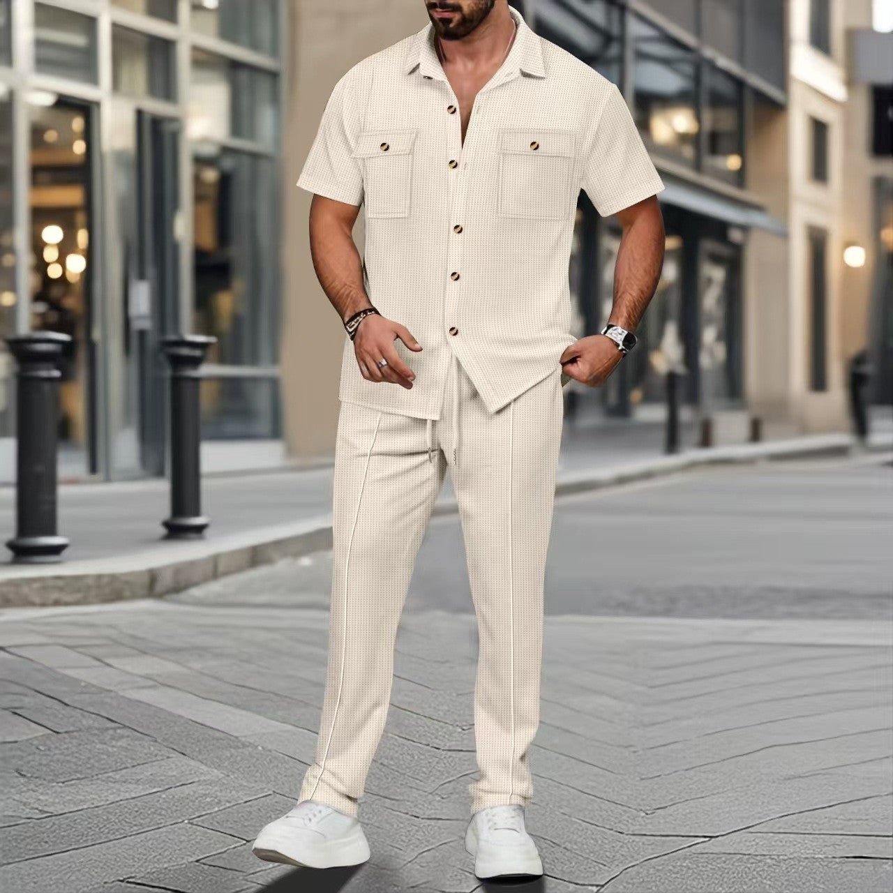 Buttons Pocket Shirt Short Sleeve Trousers Two - piece Set - PratSN