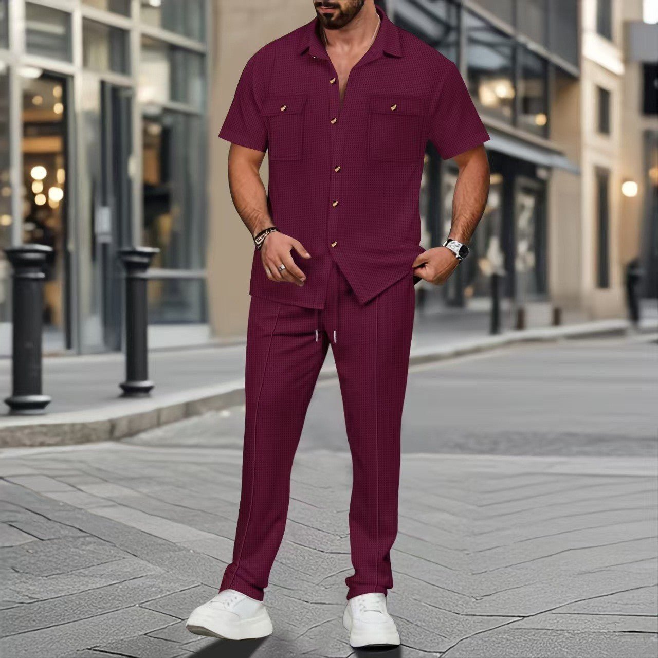 Buttons Pocket Shirt Short Sleeve Trousers Two - piece Set - PratSN