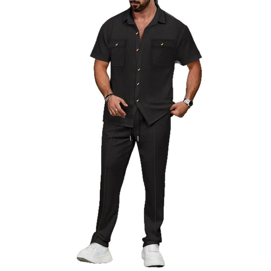 Buttons Pocket Shirt Short Sleeve Trousers Two - piece Set - PratSN