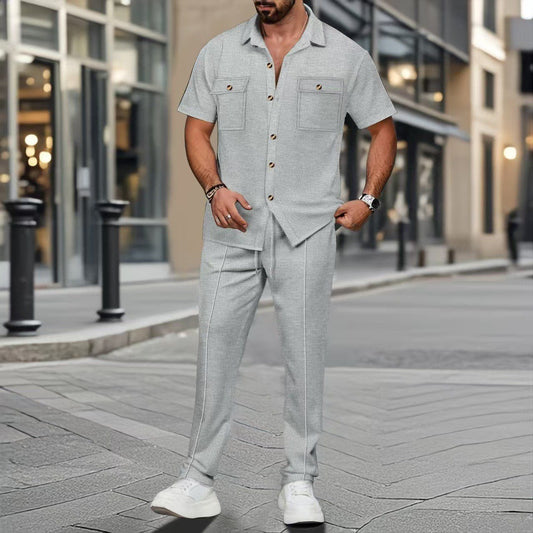 Buttons Pocket Shirt Short Sleeve Trousers Two - piece Set - PratSN