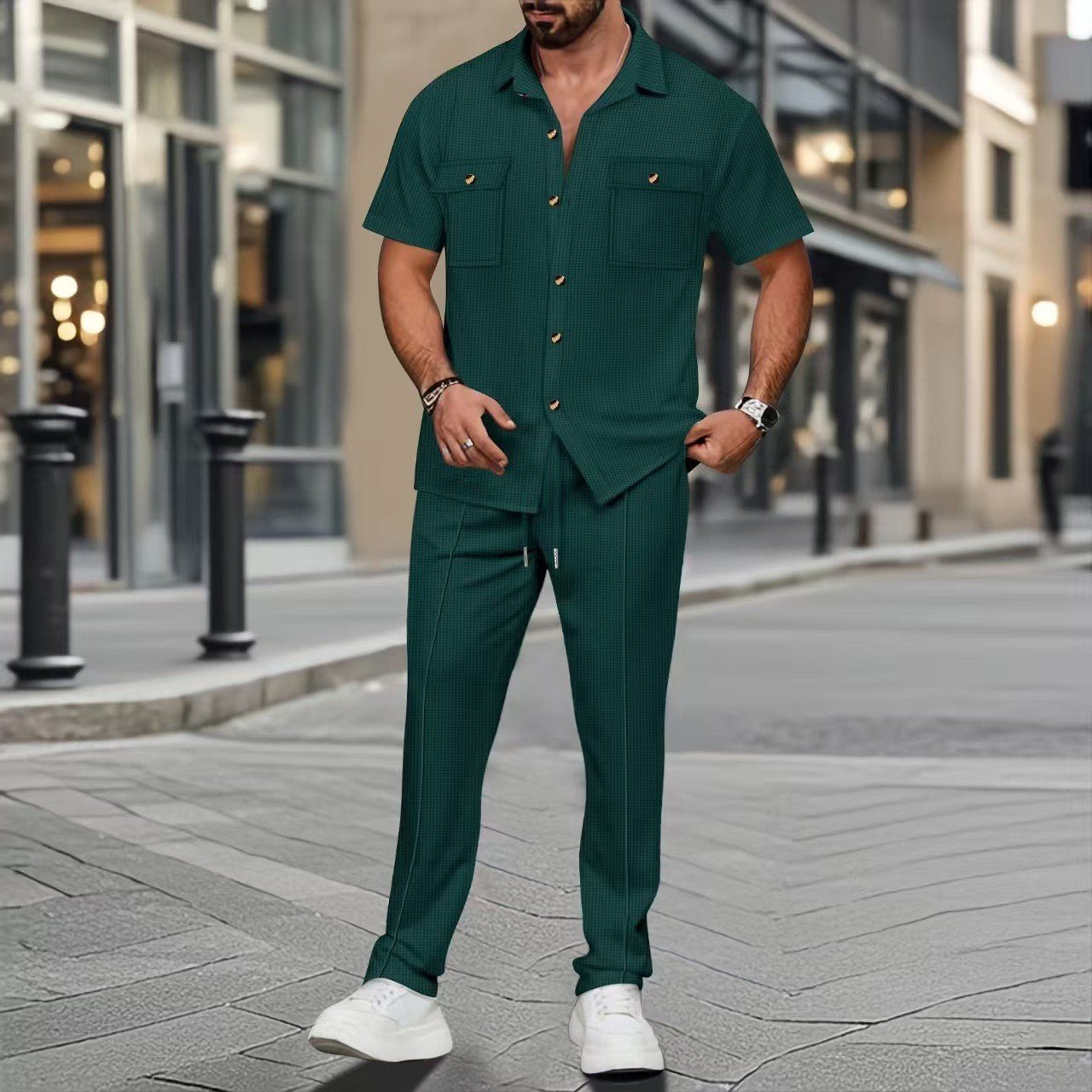 Buttons Pocket Shirt Short Sleeve Trousers Two - piece Set - PratSN
