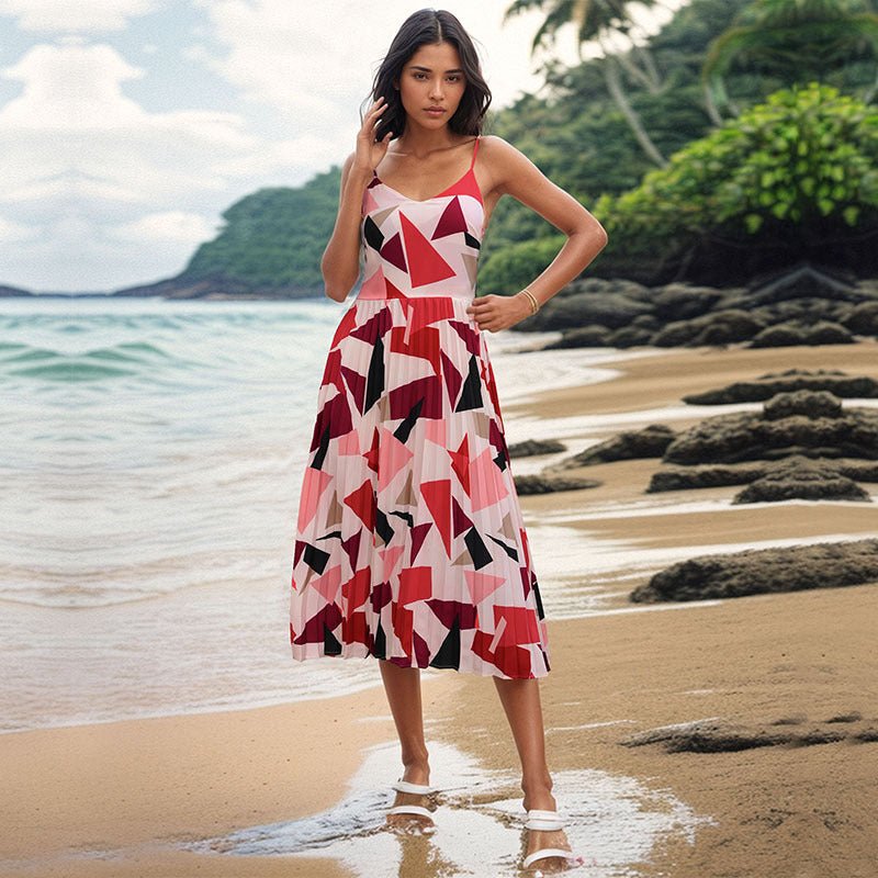 Camisole Vacation A - Line Midi Dress Geometric Print - PratSN