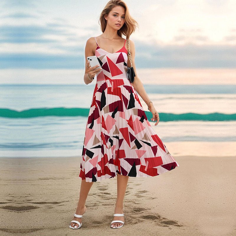 Camisole Vacation A - Line Midi Dress Geometric Print - PratSN