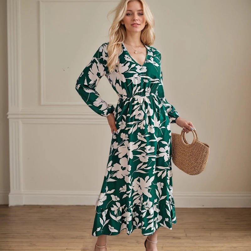 Casual Flower Waist Dress For Women Elegant V Neck Floral Print Long Sleeves High Tight Waist A - line Flowy Ruffle Hem Midi Dress - PratSN
