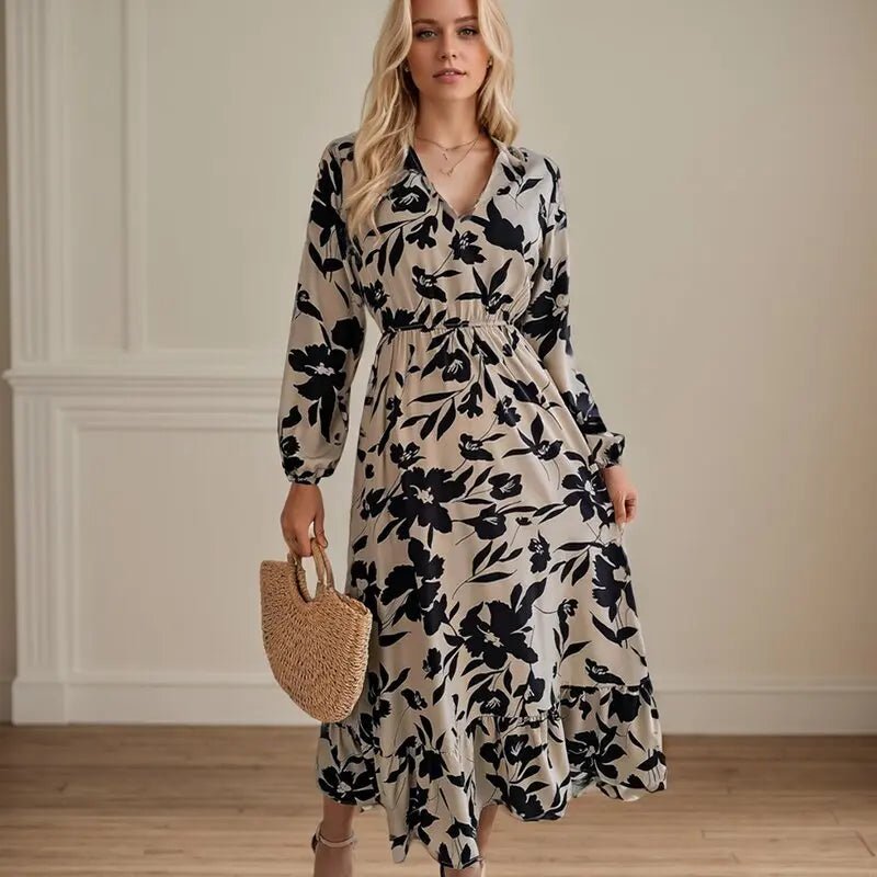 Casual Flower Waist Dress For Women Elegant V Neck Floral Print Long Sleeves High Tight Waist A - line Flowy Ruffle Hem Midi Dress - PratSN