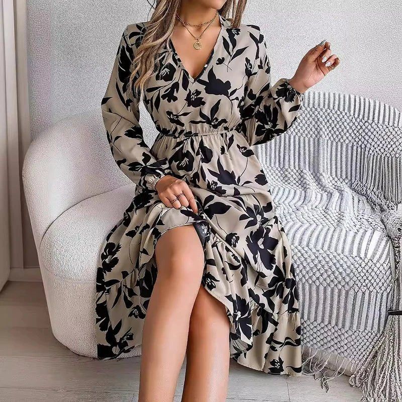 Casual Flower Waist Dress For Women Elegant V Neck Floral Print Long Sleeves High Tight Waist A - line Flowy Ruffle Hem Midi Dress - PratSN