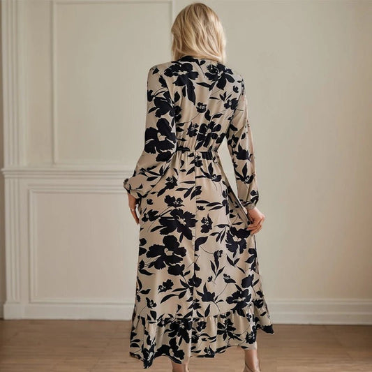 Casual Flower Waist Dress For Women Elegant V Neck Floral Print Long Sleeves High Tight Waist A - line Flowy Ruffle Hem Midi Dress - PratSN