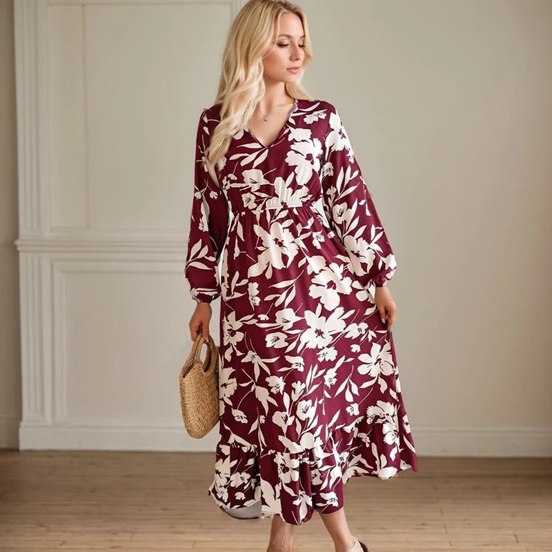 Casual Flower Waist Dress For Women Elegant V Neck Floral Print Long Sleeves High Tight Waist A - line Flowy Ruffle Hem Midi Dress - PratSN