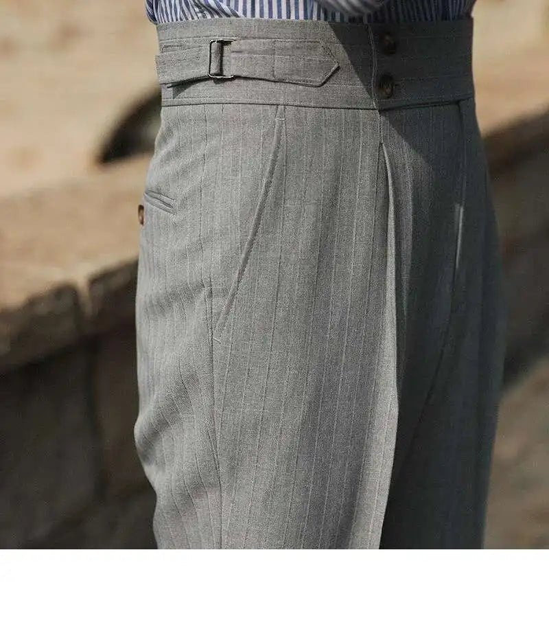 Casual High Waist Straight Striped Pants Men's Versatile Business Formal Trousers Pant For Man Italian Men's Social Trousers - PratSN