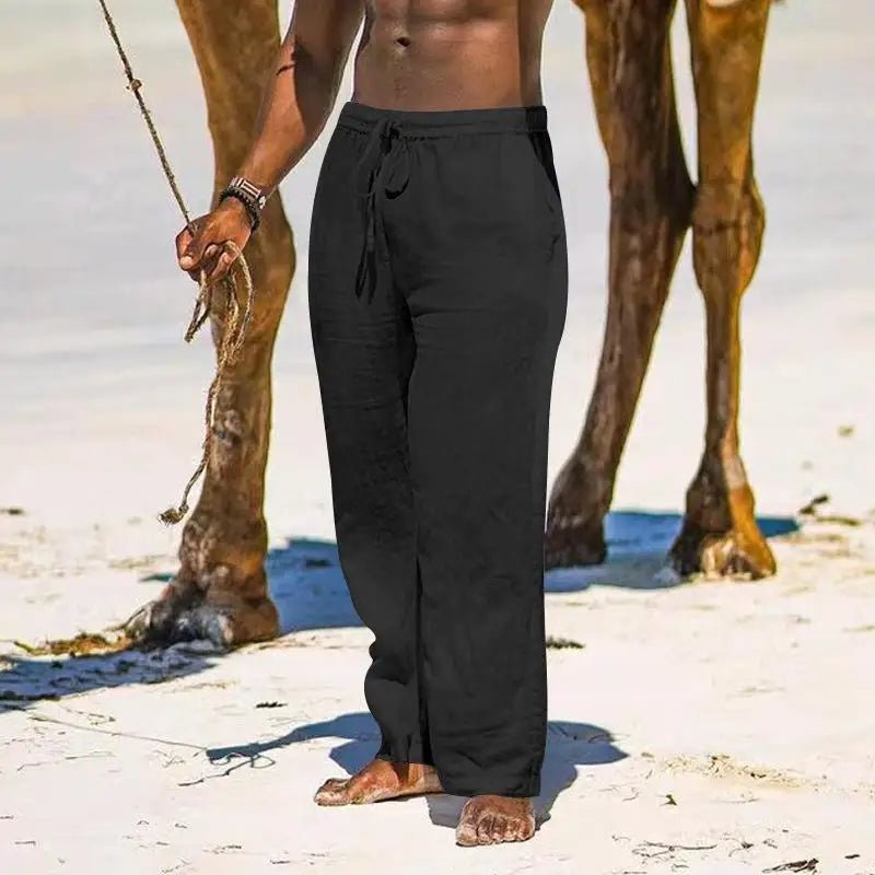 Casual Loose Cotton Linen Men Pants Summer Male High Elastic Waist Wide Leg Sand Holiday Beachwear Straight Full Trousers - PratSN