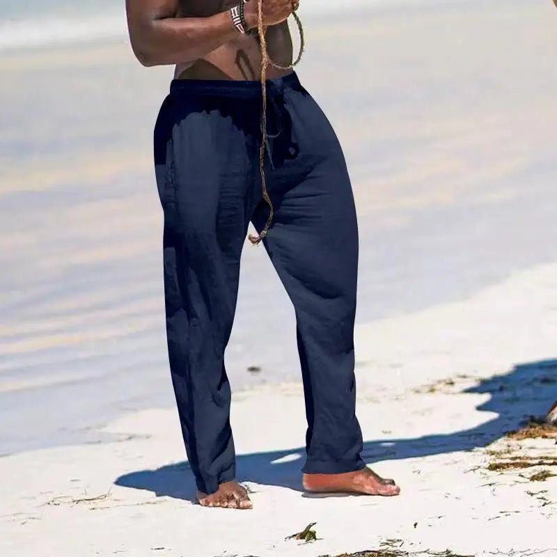 Casual Loose Cotton Linen Men Pants Summer Male High Elastic Waist Wide Leg Sand Holiday Beachwear Straight Full Trousers - PratSN