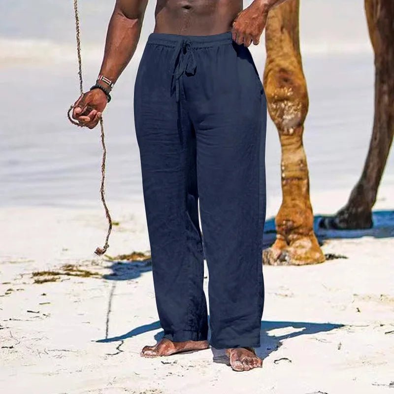 Casual Loose Cotton Linen Men Pants Summer Male High Elastic Waist Wide Leg Sand Holiday Beachwear Straight Full Trousers - PratSN