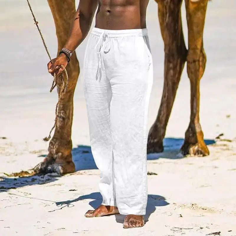 Casual Loose Cotton Linen Men Pants Summer Male High Elastic Waist Wide Leg Sand Holiday Beachwear Straight Full Trousers - PratSN