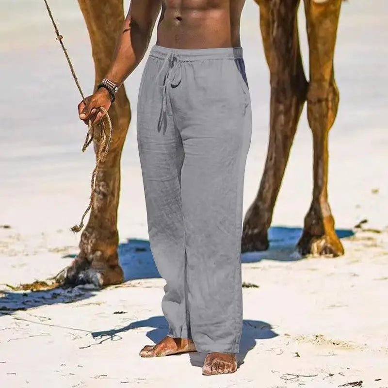 Casual Loose Cotton Linen Men Pants Summer Male High Elastic Waist Wide Leg Sand Holiday Beachwear Straight Full Trousers - PratSN