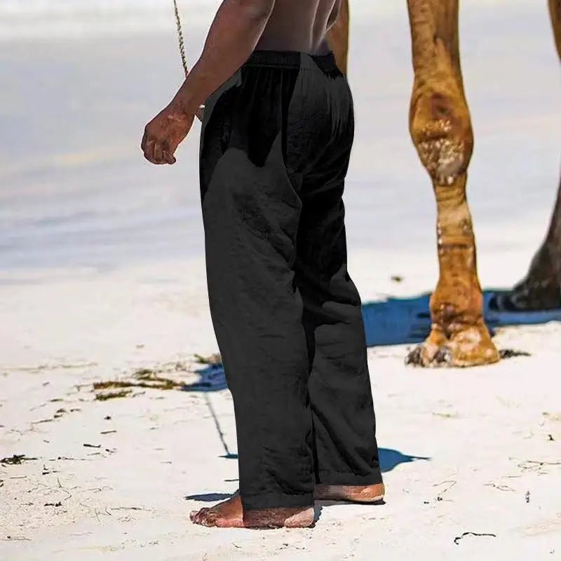 Casual Loose Cotton Linen Men Pants Summer Male High Elastic Waist Wide Leg Sand Holiday Beachwear Straight Full Trousers - PratSN