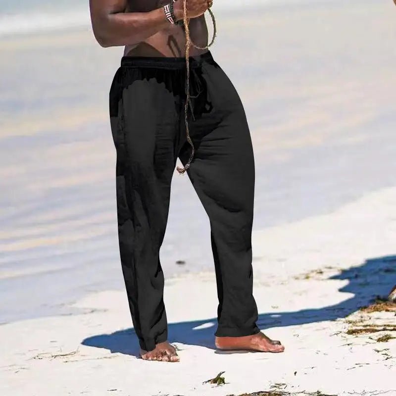 Casual Loose Cotton Linen Men Pants Summer Male High Elastic Waist Wide Leg Sand Holiday Beachwear Straight Full Trousers - PratSN