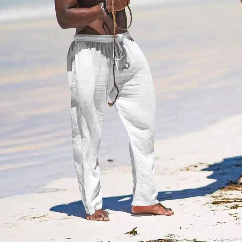 Casual Loose Cotton Linen Men Pants Summer Male High Elastic Waist Wide Leg Sand Holiday Beachwear Straight Full Trousers - PratSN