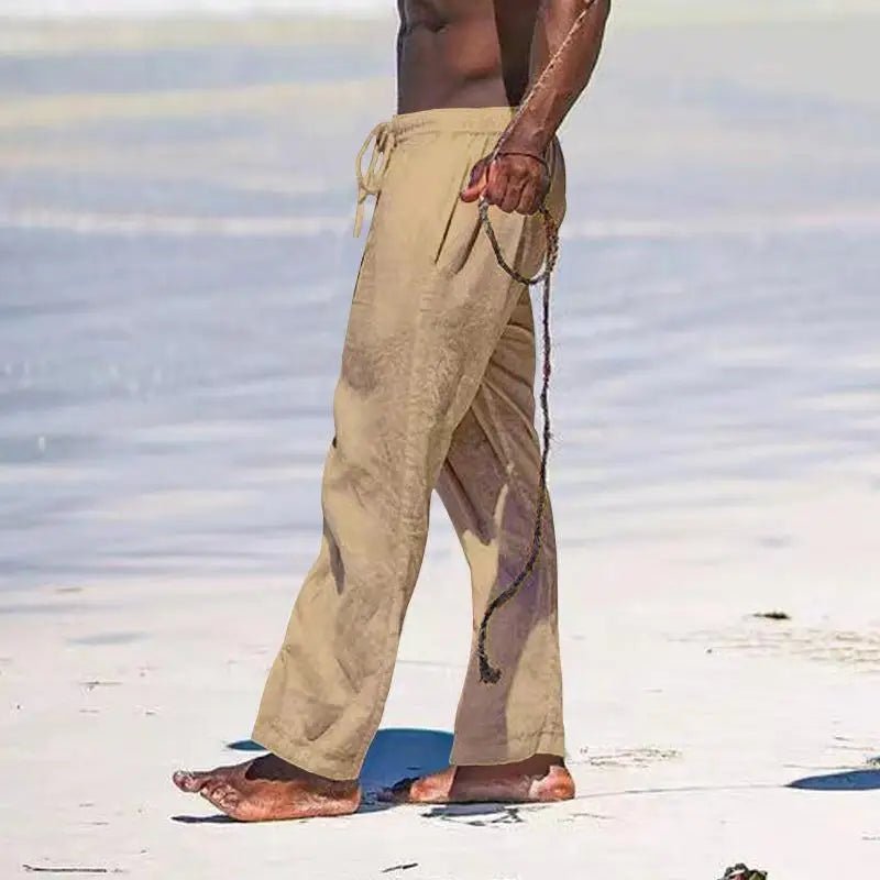 Casual Loose Cotton Linen Men Pants Summer Male High Elastic Waist Wide Leg Sand Holiday Beachwear Straight Full Trousers - PratSN