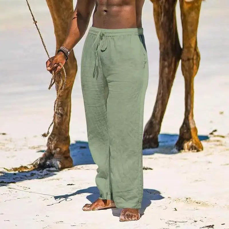 Casual Loose Cotton Linen Men Pants Summer Male High Elastic Waist Wide Leg Sand Holiday Beachwear Straight Full Trousers - PratSN