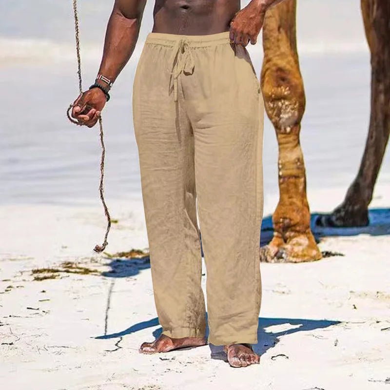 Casual Loose Cotton Linen Men Pants Summer Male High Elastic Waist Wide Leg Sand Holiday Beachwear Straight Full Trousers - PratSN