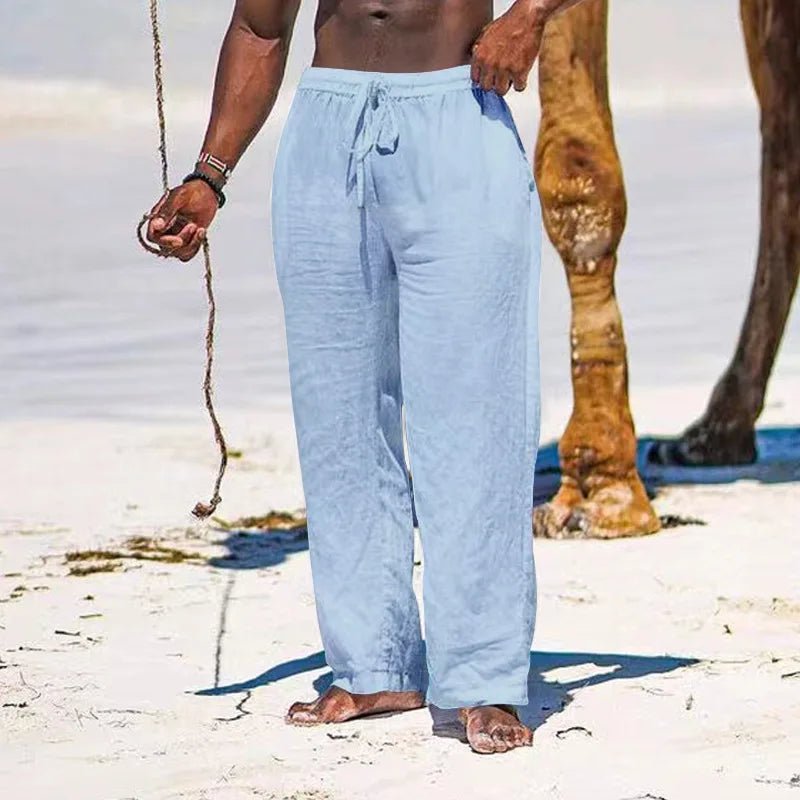Casual Loose Cotton Linen Men Pants Summer Male High Elastic Waist Wide Leg Sand Holiday Beachwear Straight Full Trousers - PratSN