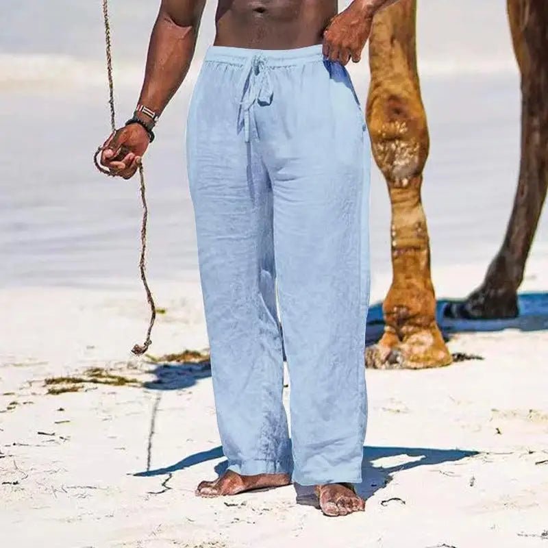 Casual Loose Cotton Linen Men Pants Summer Male High Elastic Waist Wide Leg Sand Holiday Beachwear Straight Full Trousers - PratSN