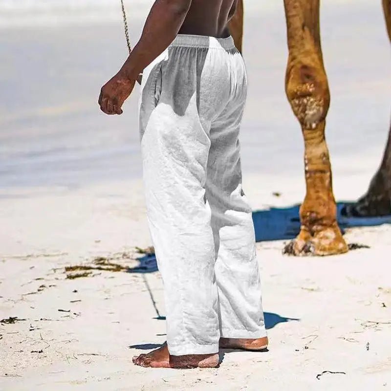 Casual Loose Cotton Linen Men Pants Summer Male High Elastic Waist Wide Leg Sand Holiday Beachwear Straight Full Trousers - PratSN