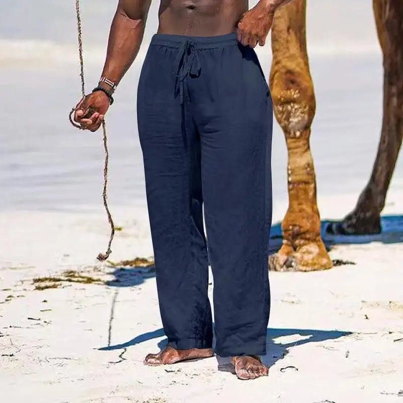 Casual Loose Cotton Linen Men Pants Summer Male High Elastic Waist Wide Leg Sand Holiday Beachwear Straight Full Trousers - PratSN