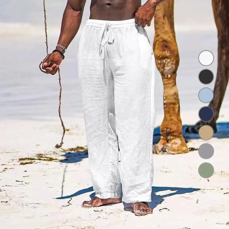 Casual Loose Cotton Linen Men Pants Summer Male High Elastic Waist Wide Leg Sand Holiday Beachwear Straight Full Trousers - PratSN