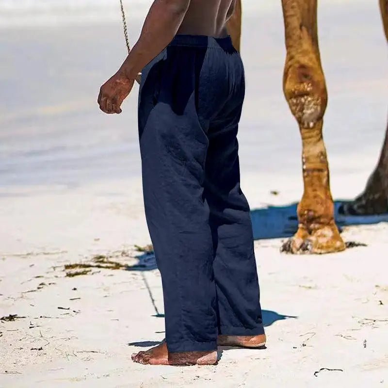 Casual Loose Cotton Linen Men Pants Summer Male High Elastic Waist Wide Leg Sand Holiday Beachwear Straight Full Trousers - PratSN