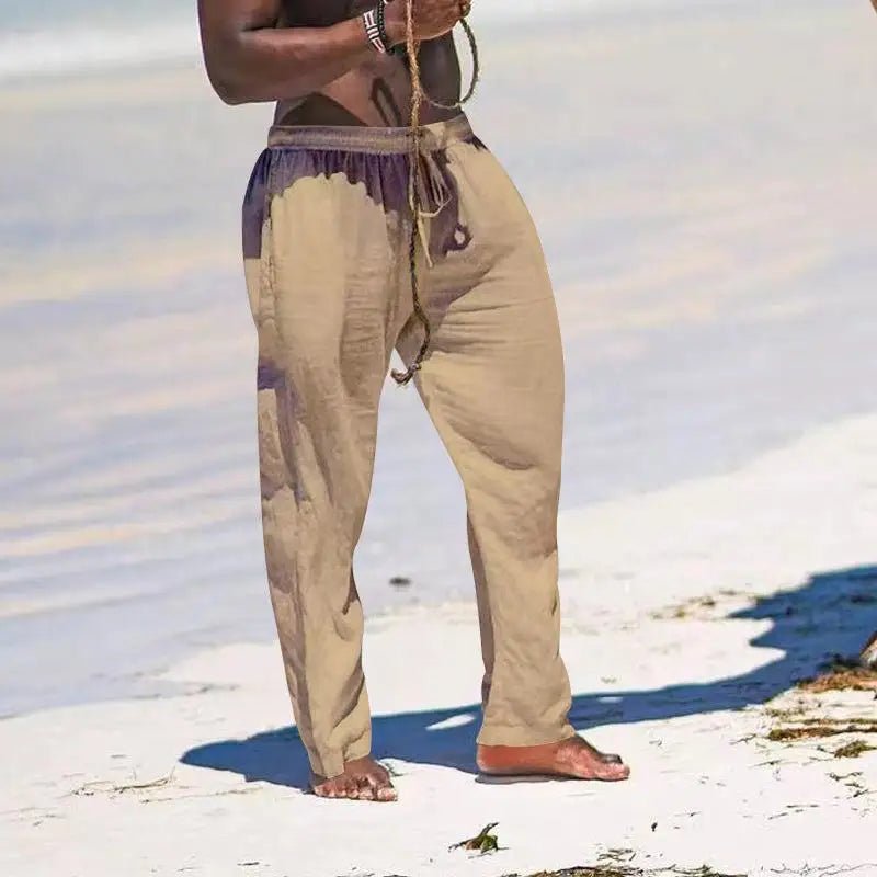 Casual Loose Cotton Linen Men Pants Summer Male High Elastic Waist Wide Leg Sand Holiday Beachwear Straight Full Trousers - PratSN