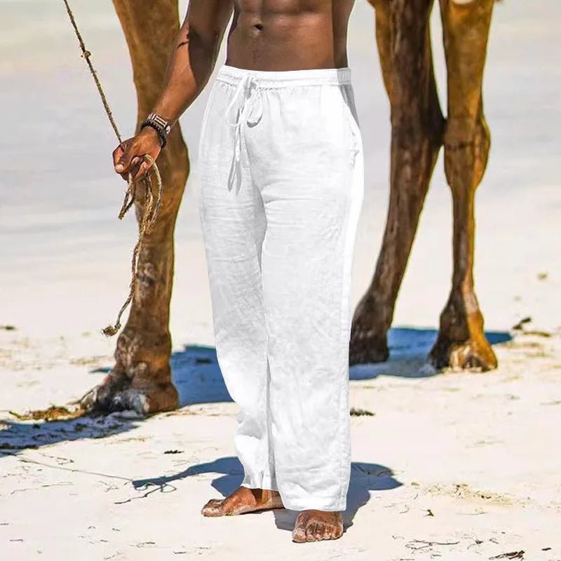 Casual Loose Cotton Linen Men Pants Summer Male High Elastic Waist Wide Leg Sand Holiday Beachwear Straight Full Trousers - PratSN