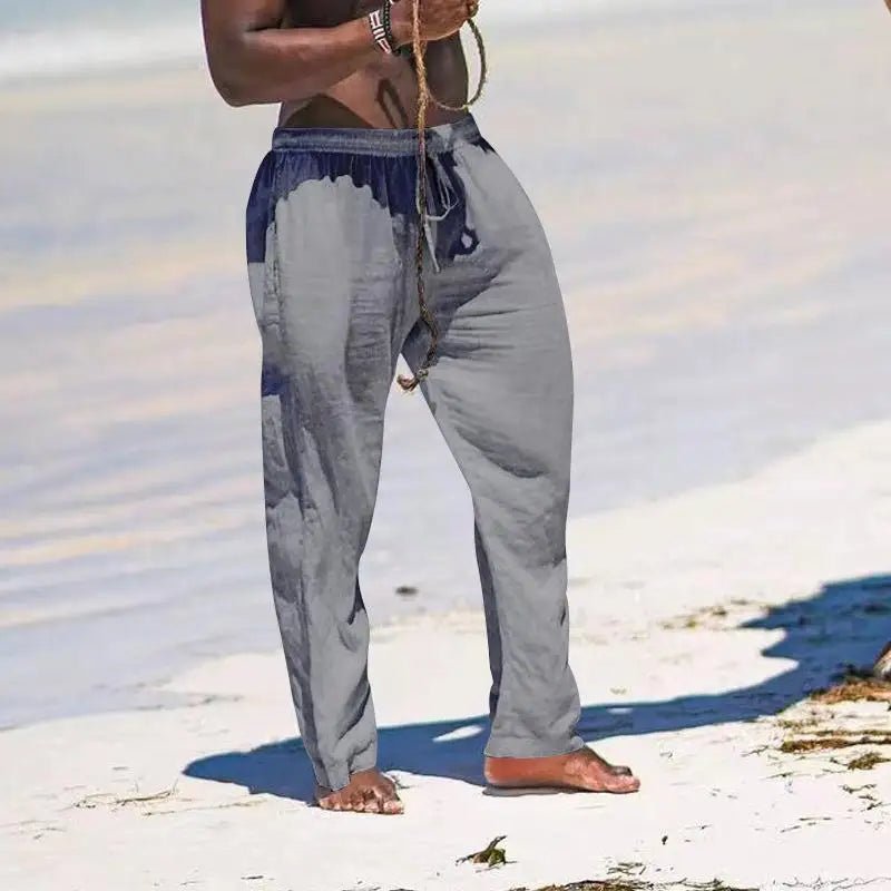 Casual Loose Cotton Linen Men Pants Summer Male High Elastic Waist Wide Leg Sand Holiday Beachwear Straight Full Trousers - PratSN