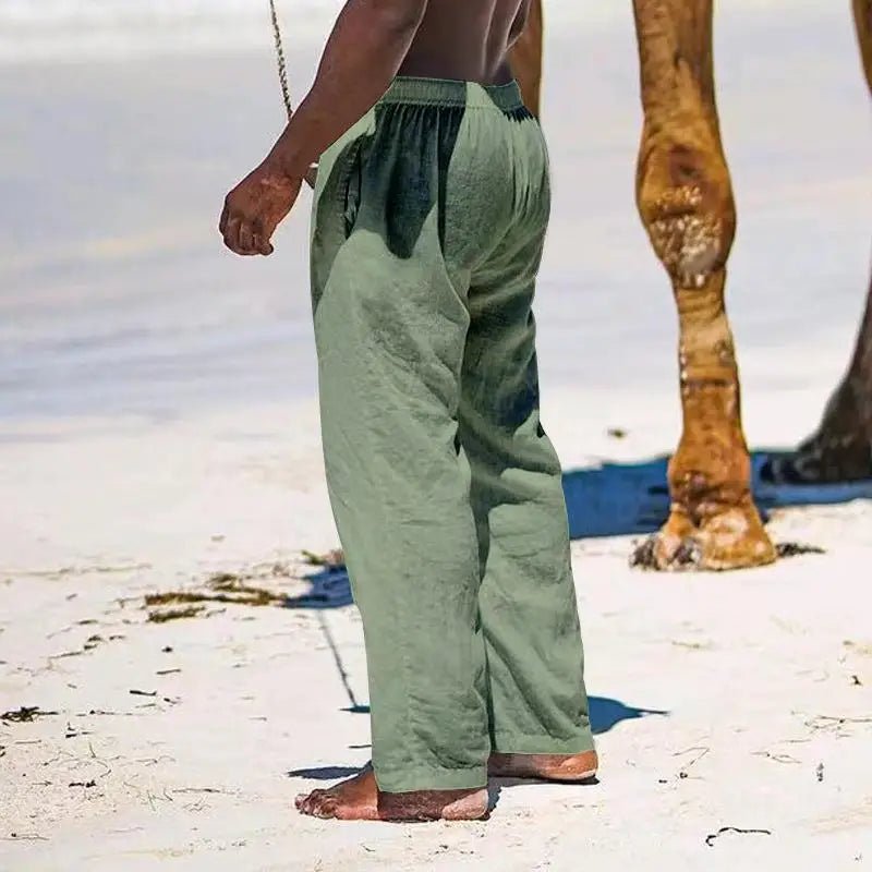 Casual Loose Cotton Linen Men Pants Summer Male High Elastic Waist Wide Leg Sand Holiday Beachwear Straight Full Trousers - PratSN