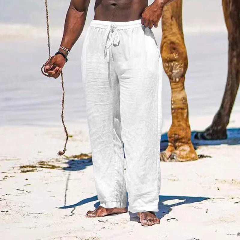 Casual Loose Cotton Linen Men Pants Summer Male High Elastic Waist Wide Leg Sand Holiday Beachwear Straight Full Trousers - PratSN
