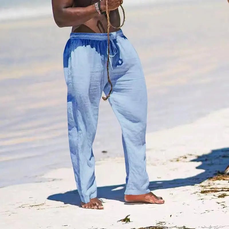 Casual Loose Cotton Linen Men Pants Summer Male High Elastic Waist Wide Leg Sand Holiday Beachwear Straight Full Trousers - PratSN