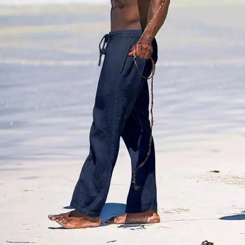 Casual Loose Cotton Linen Men Pants Summer Male High Elastic Waist Wide Leg Sand Holiday Beachwear Straight Full Trousers - PratSN