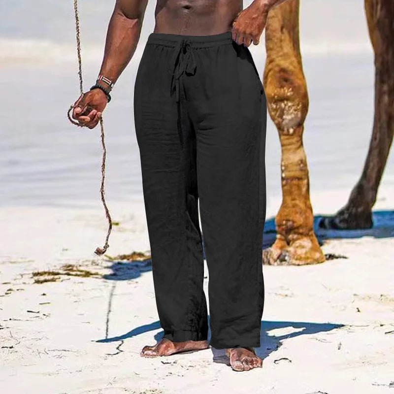 Casual Loose Cotton Linen Men Pants Summer Male High Elastic Waist Wide Leg Sand Holiday Beachwear Straight Full Trousers - PratSN