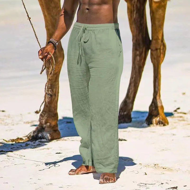 Casual Loose Cotton Linen Men Pants Summer Male High Elastic Waist Wide Leg Sand Holiday Beachwear Straight Full Trousers - PratSN